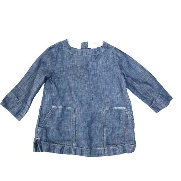 Crewcuts Kids Chambray Dress Size 2 Linen Blend Blue Long Sleeve Pockets - Picture 7 of 7